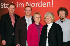 Europaforum 2009, v.l.: Sebastian Schley (Pinneberg), Enrico Kreft (Lübeck), Cornelia Östreich (Lübeck), Ulrike Rodust, MdEP (Holzdorf), Martin Tretbar-Endres, Sprecher (Rendsburg).